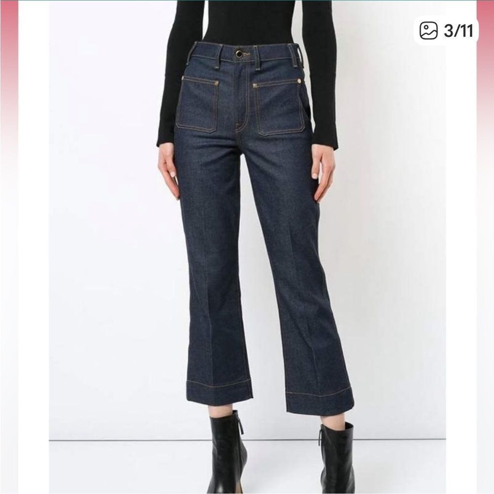 NWOT KHAITE Raquel Dark Patch Pocket Blue Flare Crop Jeans 25